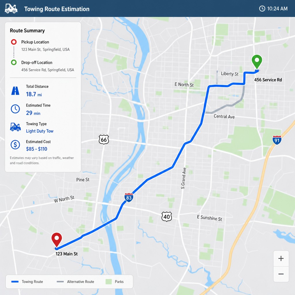 Map showing a towing route estimation between pickup and destination