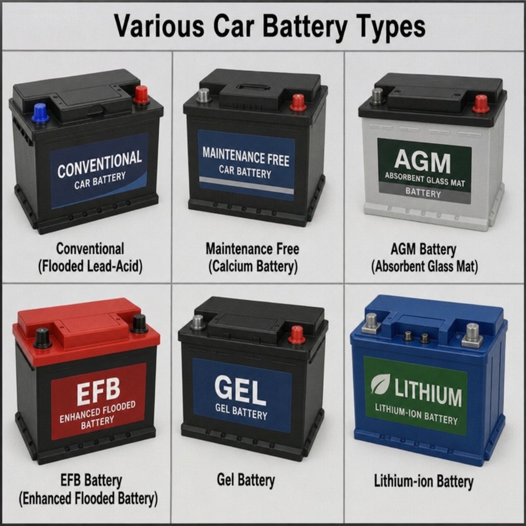 Chart showing conventional, maintenance free, AGM, EFB, gel and lithium-ion car battery types