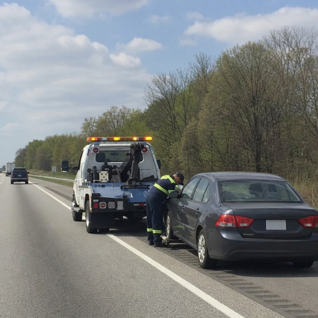 Tow truck driver assisting a driver with a broken down car on the side of a highway