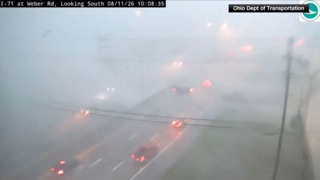 ODOT traffic camera view of I-71 at Weber Road in Columbus, Ohio during a tornado-warned storm