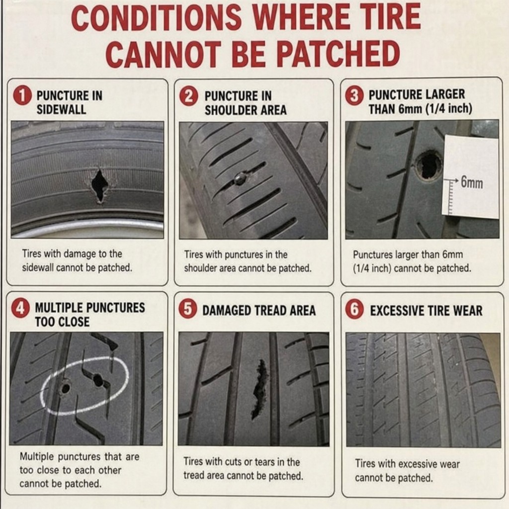 Diagram of tire conditions that cannot be patched, including sidewall, shoulder, multiple punctures, and damaged tread