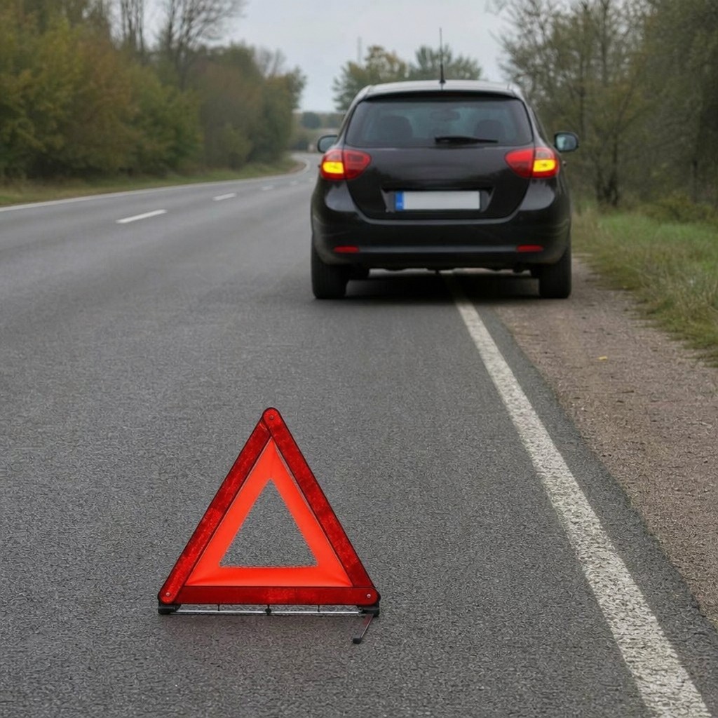 Car parked on the roadside with a red reflective warning triangle placed behind it