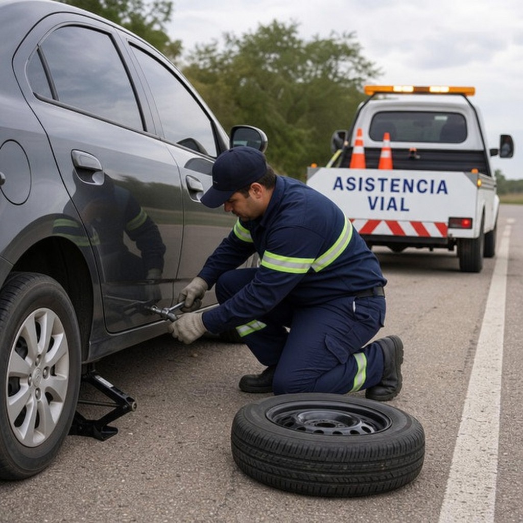 Roadside assistance worker changing a tire with a tow truck parked behind