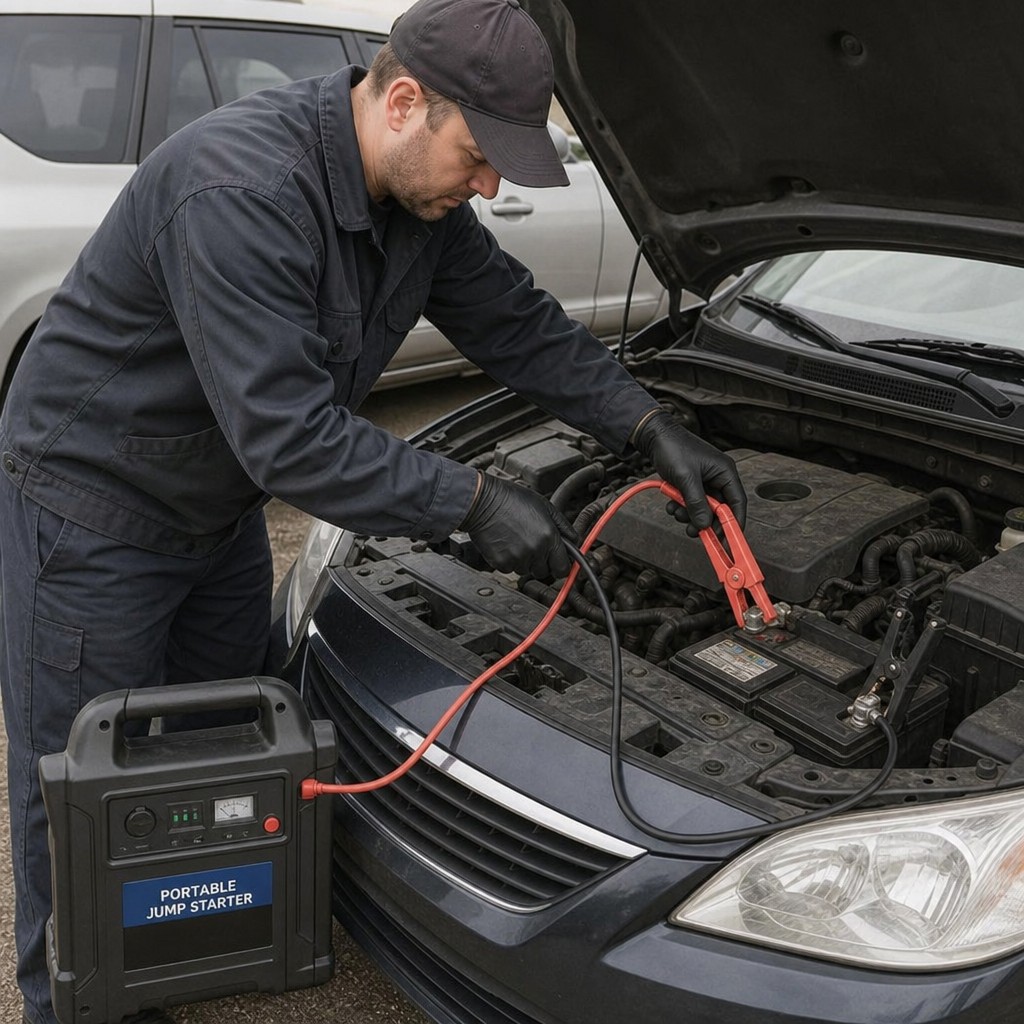Driver using a portable jump starter on a car battery