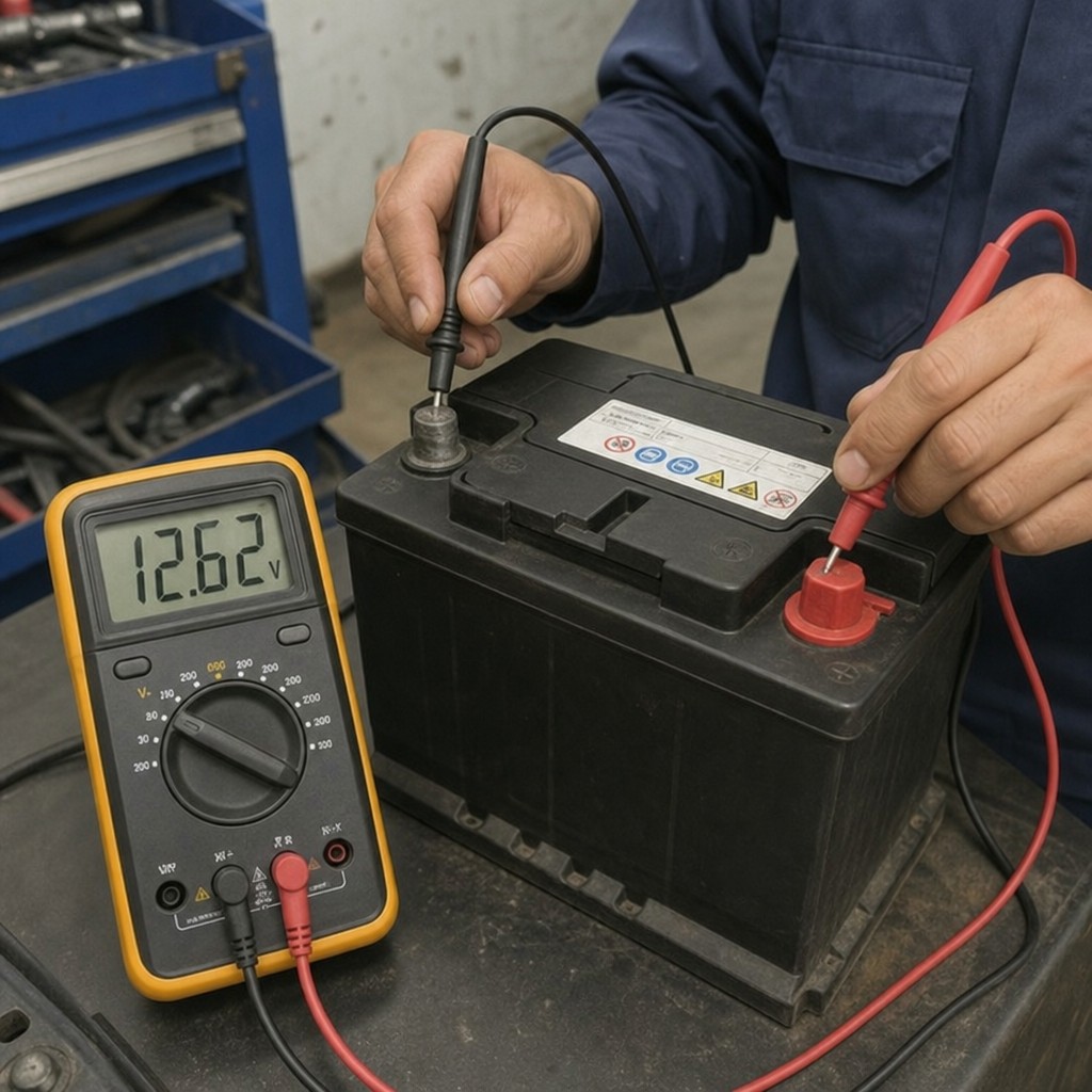 A person using a multimeter to test the voltage of a car battery