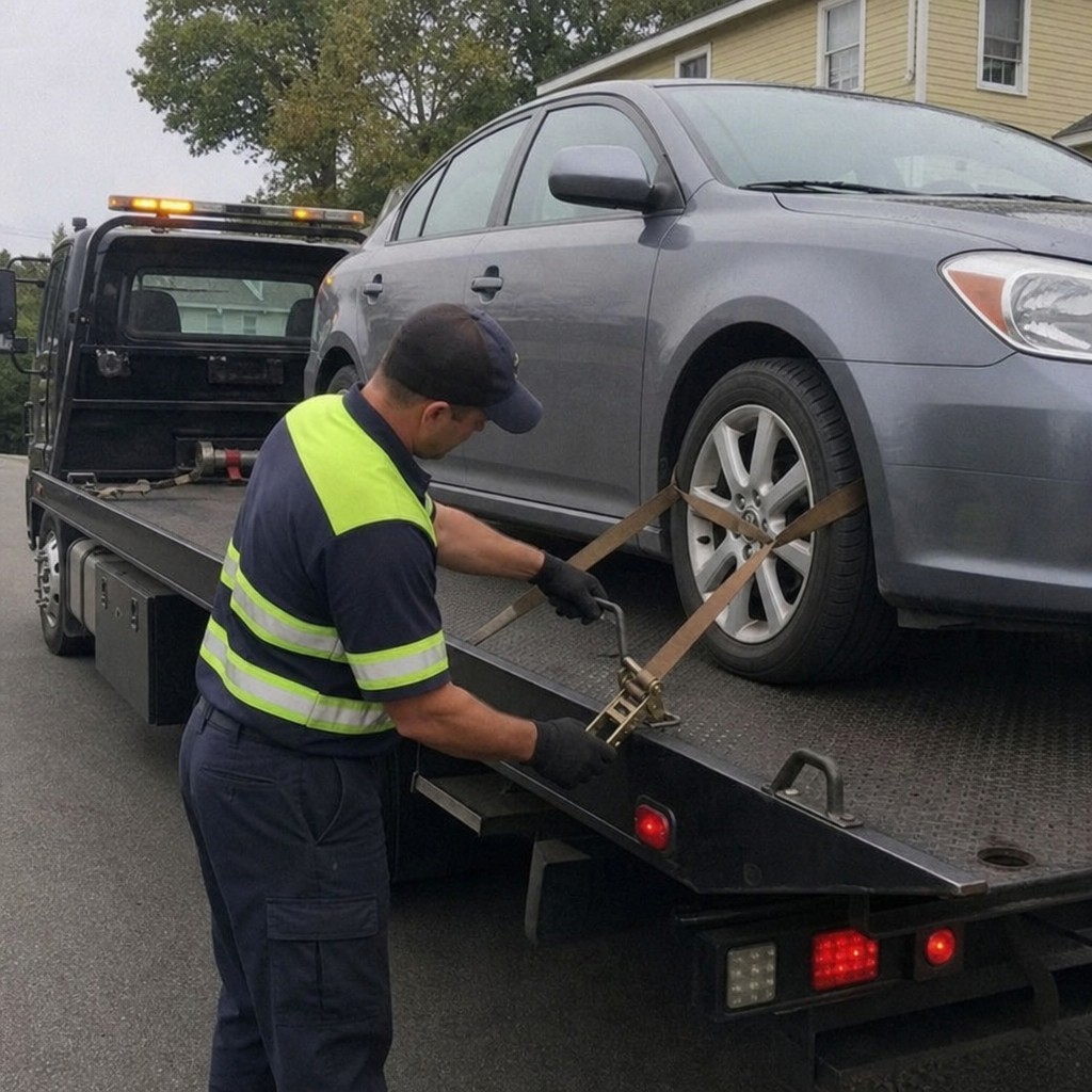 Tow truck driver securing a car onto a flatbed using straps