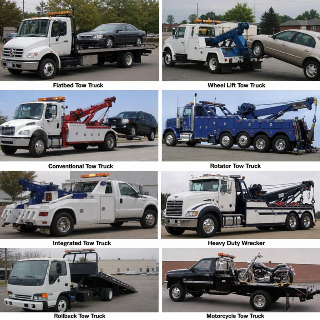 Various types of tow trucks: flatbed, wheel-lift and integrated
