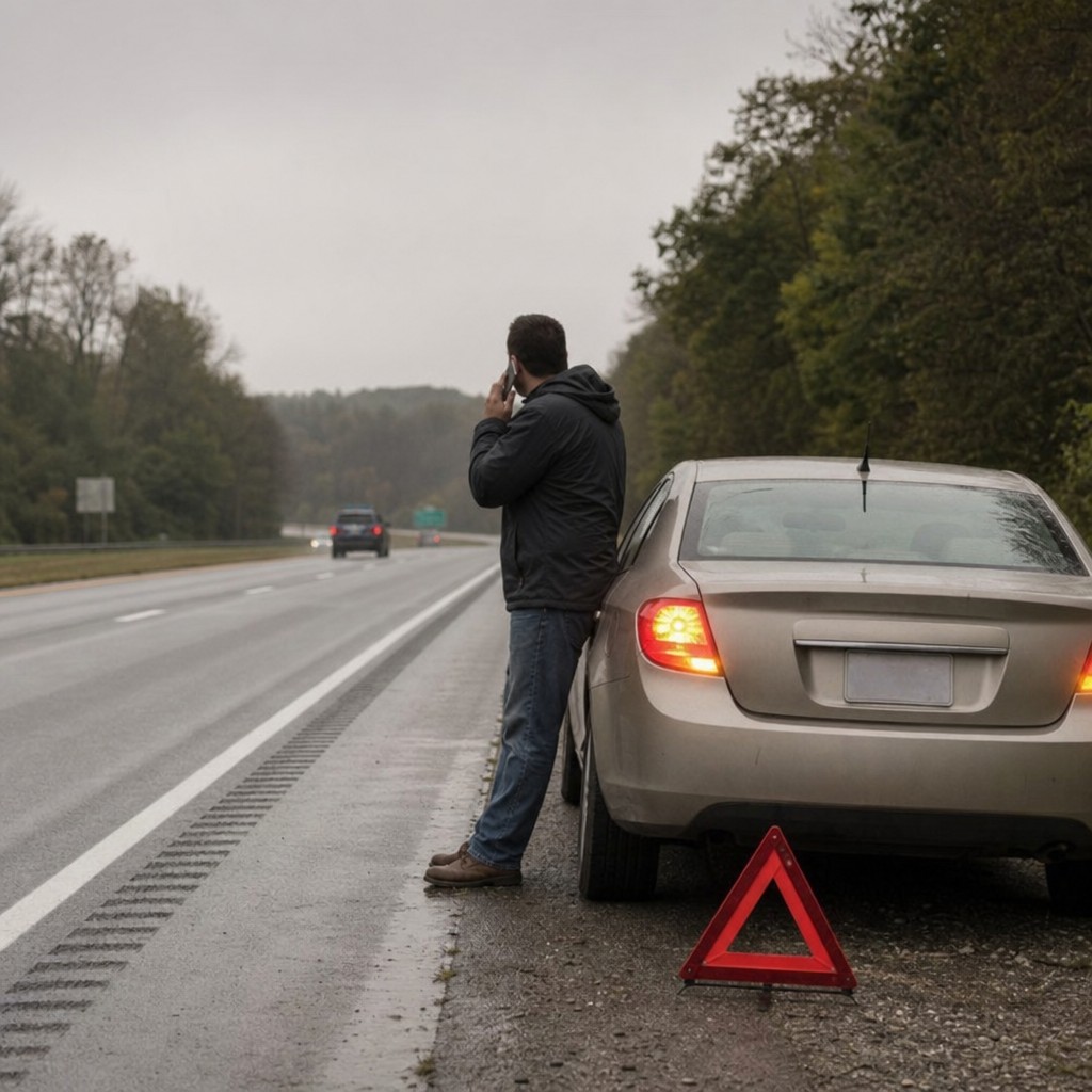 Driver standing beside his car on a highway shoulder calling for roadside help with a warning triangle behind the vehicle