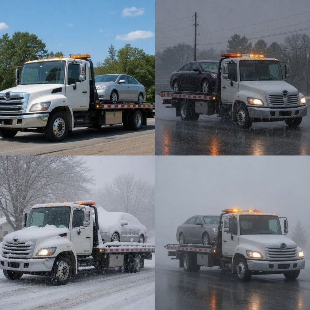 Tow truck loading a vehicle in difficult weather conditions
