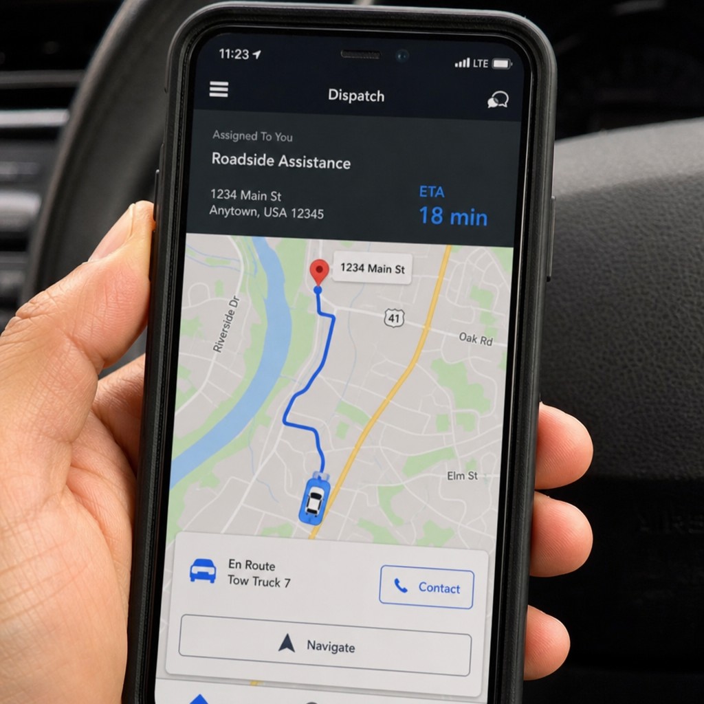 Smartphone showing a roadside assistance dispatch map with an 18 minute ETA