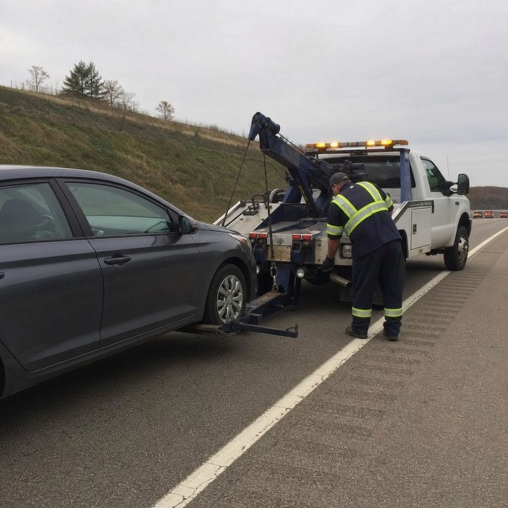 Tow truck driver hooking up a disabled car on the side of a highway