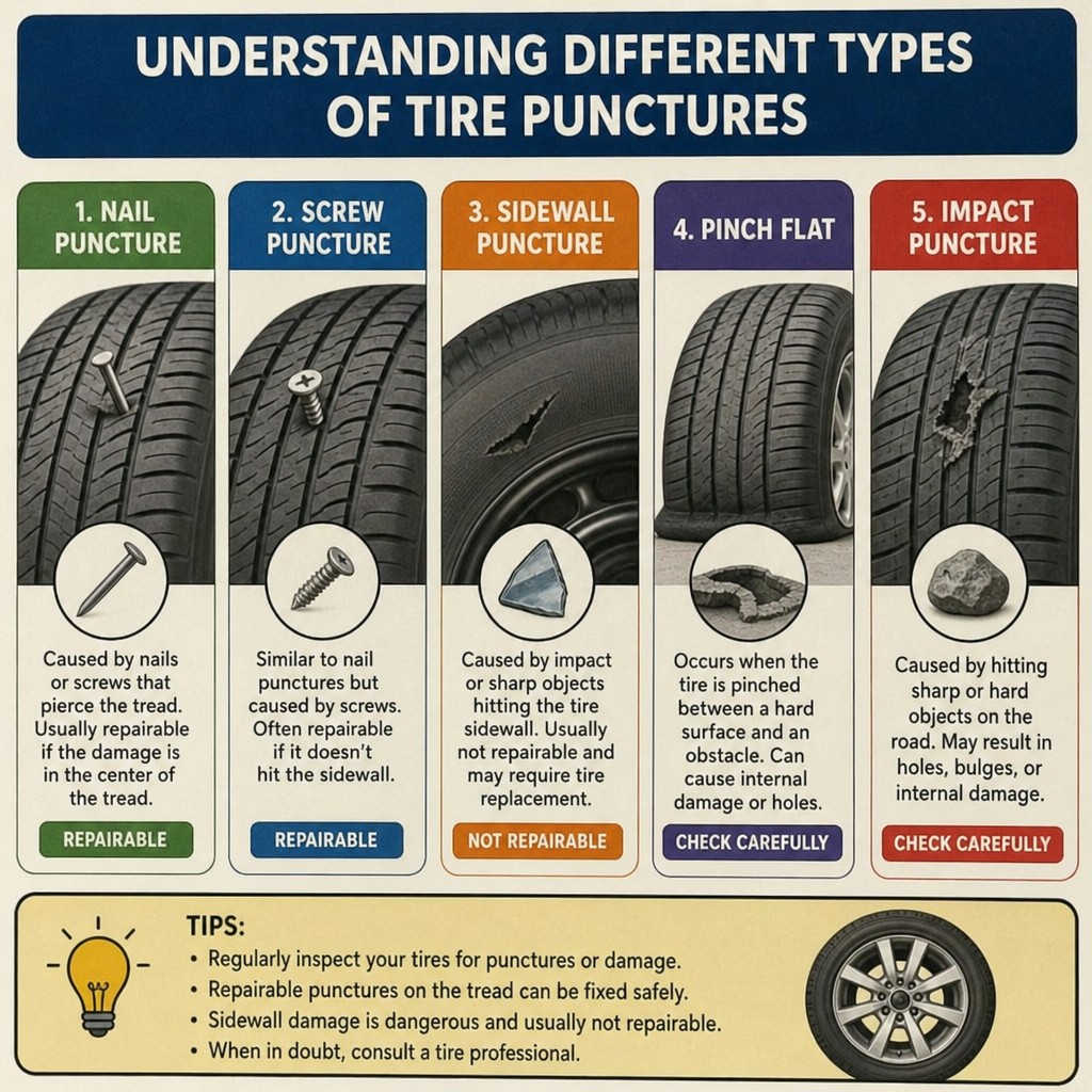 Chart comparing nail, screw, sidewall, and pinch tire punctures and whether each is repairable