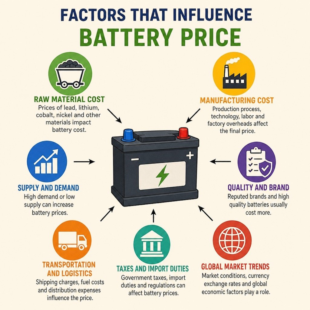 Infographic listing factors that influence battery price including raw material cost and logistics