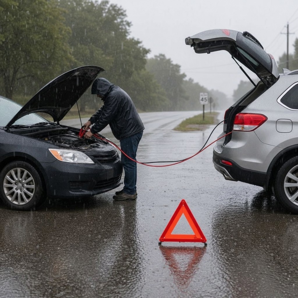 A person jump starting a car in the rain