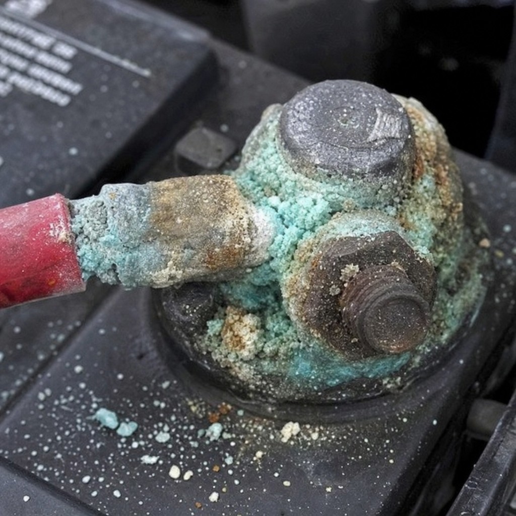Close-up of a car battery terminal covered in heavy blue-green corrosion