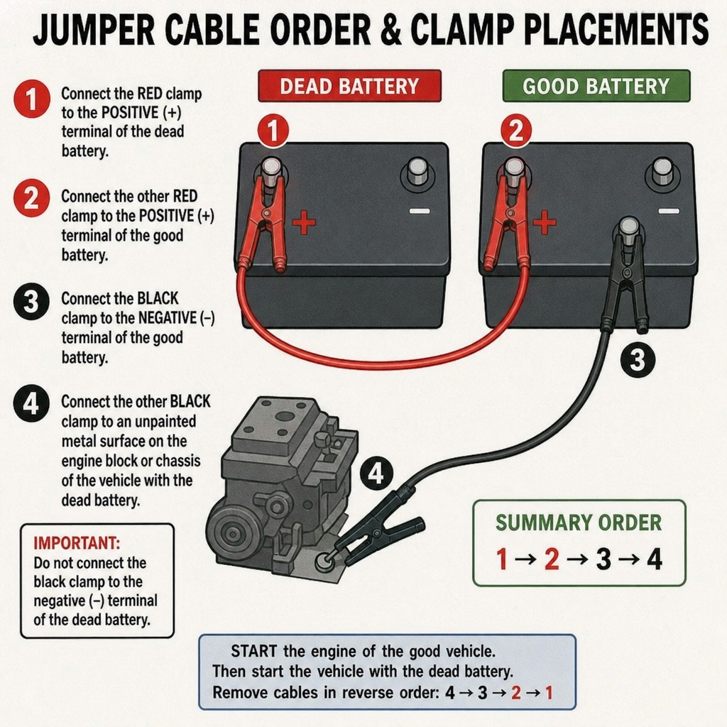 Diagram showing jumper cable order and clamp placement between a dead battery and a good battery
